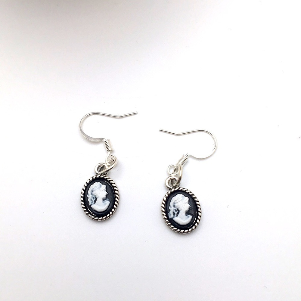 Dainty Black White Cameo Earrings